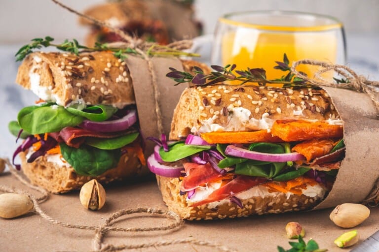 Sandwiches,With,Ham,,Cottage,Cheese,,Vegetables,And,Herbs.,Close-up.