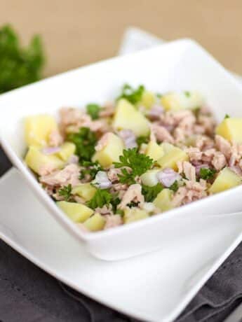 Kartoffelsalat mit Thunfisch, Knoblauchsrauke und Zitronendressing