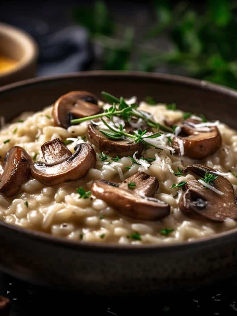 Kornelkirschen-Pilz-Risotto mit Parmesanspänen und Trüffelöl