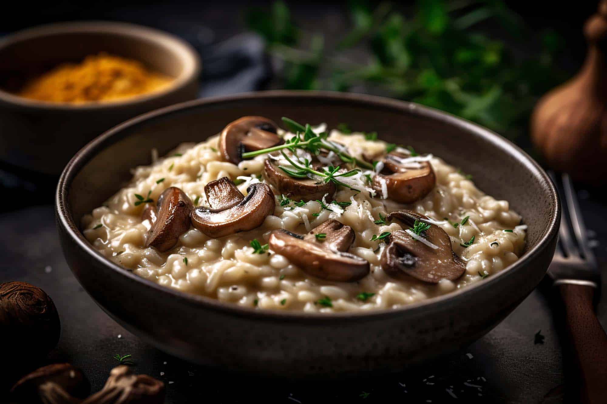 Kornelkirschen-Pilz-Risotto mit Parmesanspänen und Trüffelöl