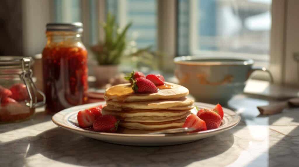 Holunderbeeren-Pancakes mit frischen Erdbeeren und Ahornsirup