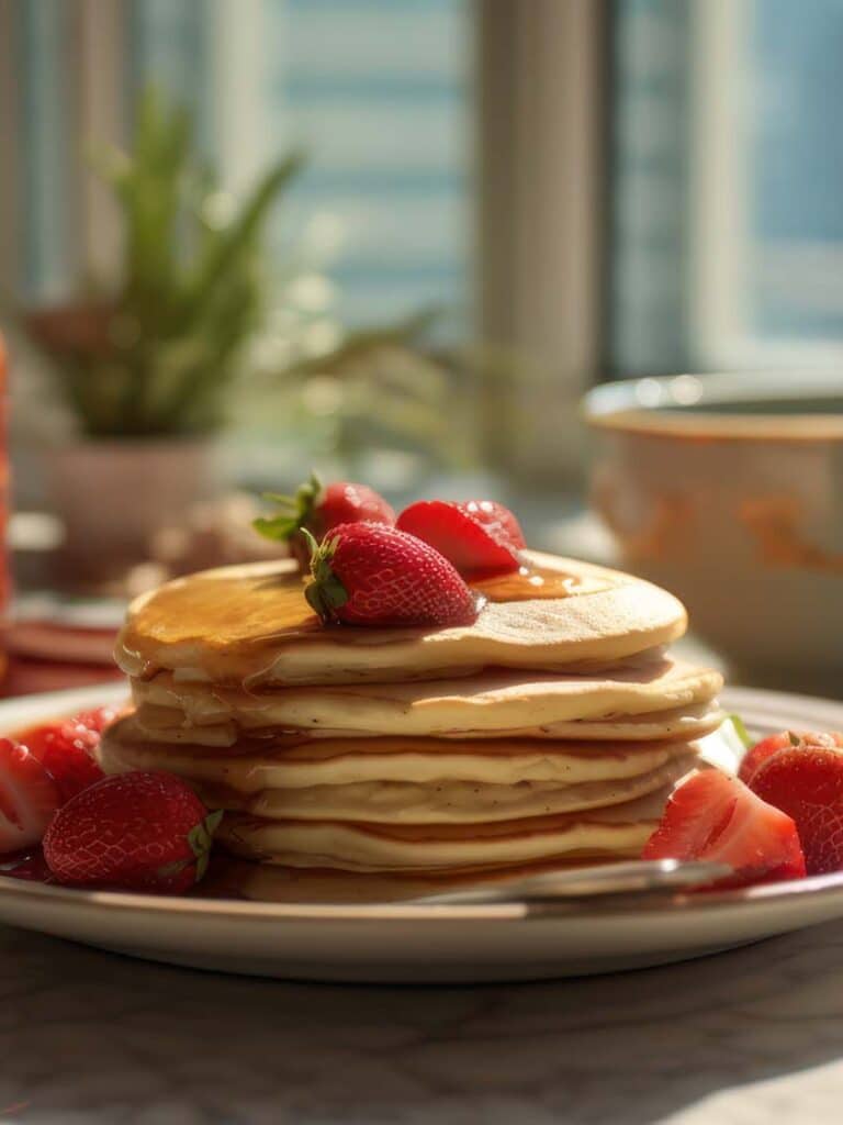 Holunderbeeren-Pancakes mit frischen Erdbeeren und Ahornsirup